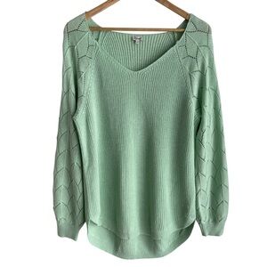 Kismet Pointelle Sleeve Sweater Sz L Mint Green V-Neck Longline Knit Boho EUC